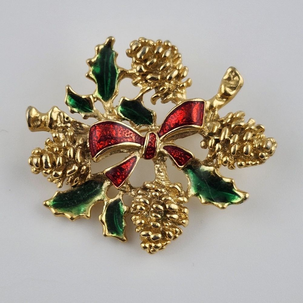 Vintage Christmas Bow Pinecone Brooch Gold Tone